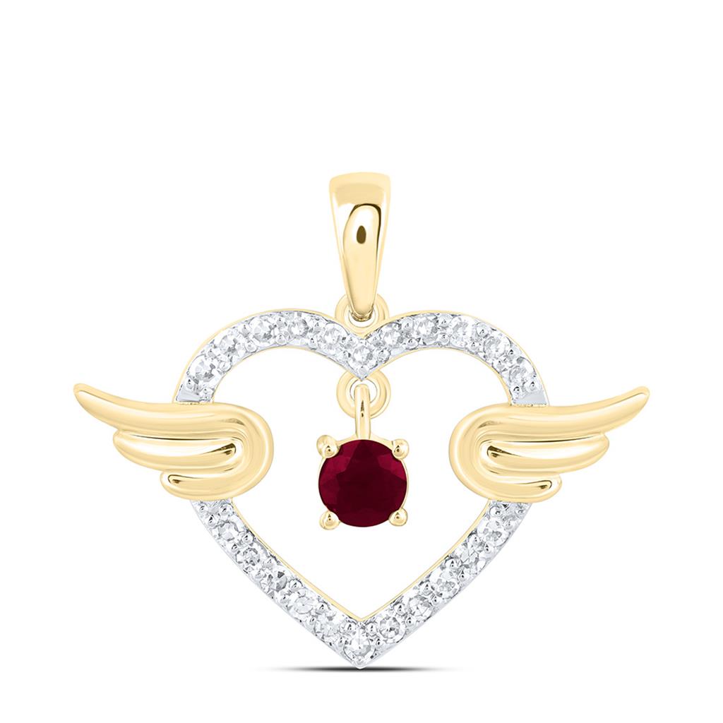 10K Yellow Gold 1/10 Cttw Natural Diamond 2.90 Mm Round Ruby Natural Gem Heart Wings Pendant