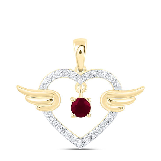 10K Yellow Gold 1/10 Cttw Natural Diamond 2.90 Mm Round Ruby Natural Gem Heart Wings Pendant