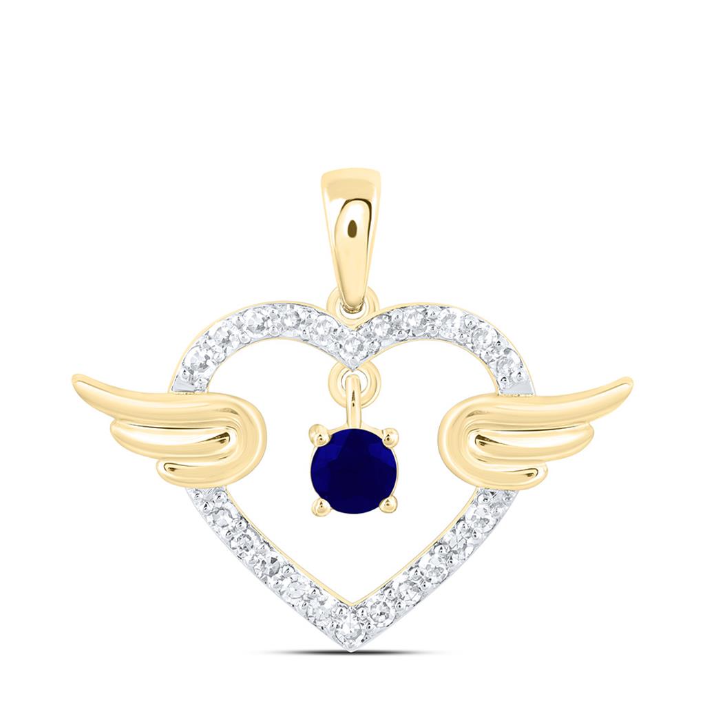 10K Yellow Gold 1/10 Cttw Natural Diamond 2.90 Mm Round Ruby Natural Gem Heart Wings Pendant