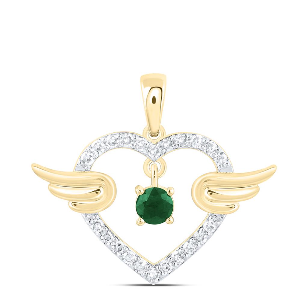 10K Yellow Gold 1/10 Cttw Natural Diamond 2.90 Mm Round Ruby Natural Gem Heart Wings Pendant