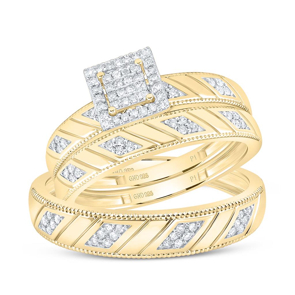 Sterling Silver Yellow Tone 1/4 Cttw Natural Diamond Gift Square Trio Set