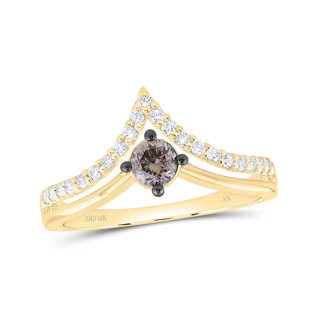 10K Yellow Gold 1/2 Cttw Natural Diamond 1/4 Cttw Center Round Fashion Cognac Natural Ring