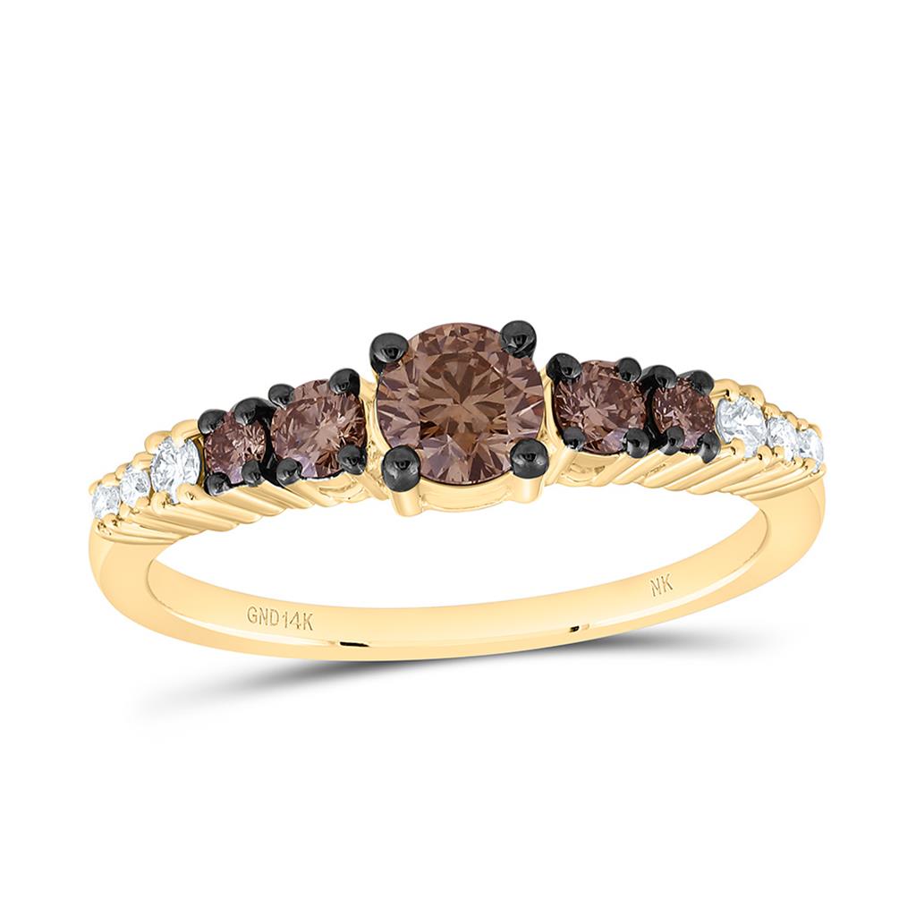 14K Yellow Gold 5/8 Cttw Natural Diamond 1/3 Cttw Center Round Brown Fashion Cognac Natural Ring