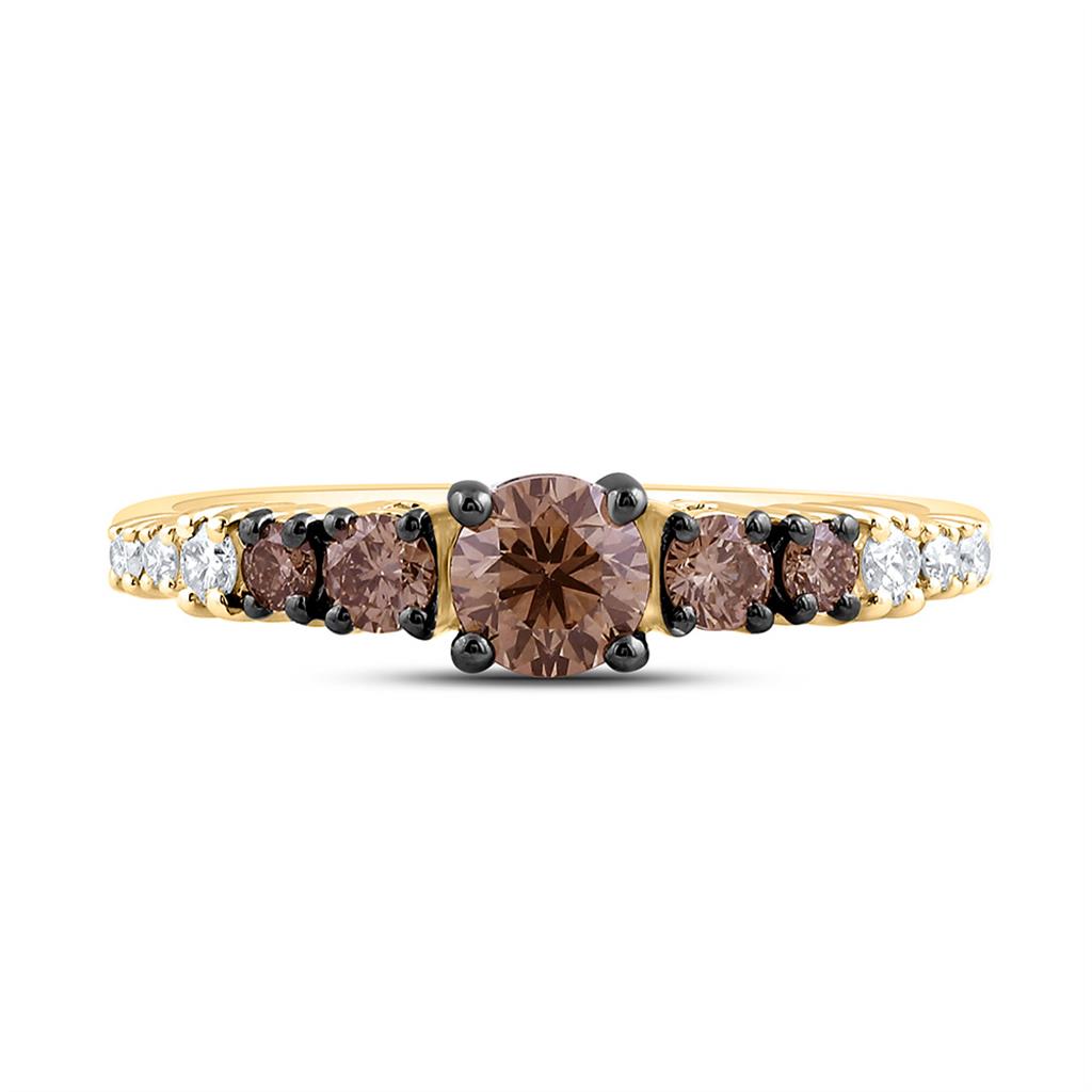 14K Yellow Gold 5/8 Cttw Natural Diamond 1/3 Cttw Center Round Brown Fashion Cognac Natural Ring
