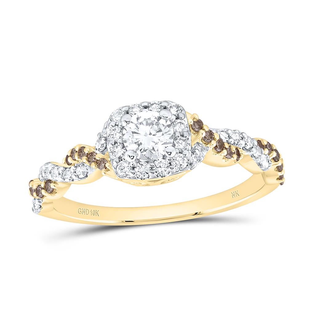 10K Yellow Gold 5/8 Cttw Natural Diamond 1/4 Cttw Center Round Fashion Cognac Natural Cushion Ring