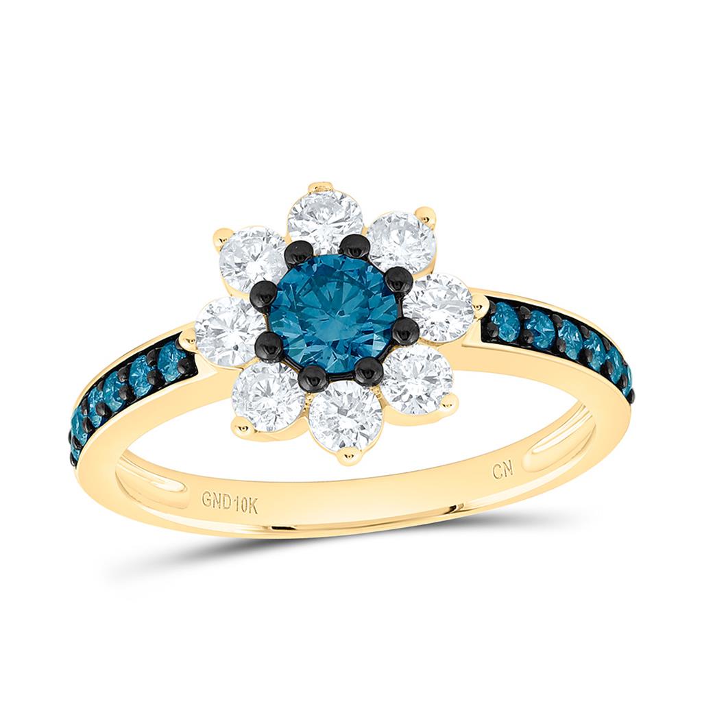 10K Yellow Gold 1 Cttw Natural Diamond Cn 1/3 Cttw Round Fashion Blue Diamond Flower Ring