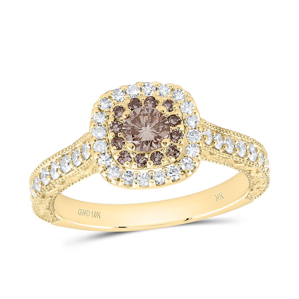 10K Yellow Gold 7/8 Cttw Natural Diamond Nk 1/4 Cttw Center Roundd Brown Fashion Ombre Diamond Cushion Double Halo Bridal Ring