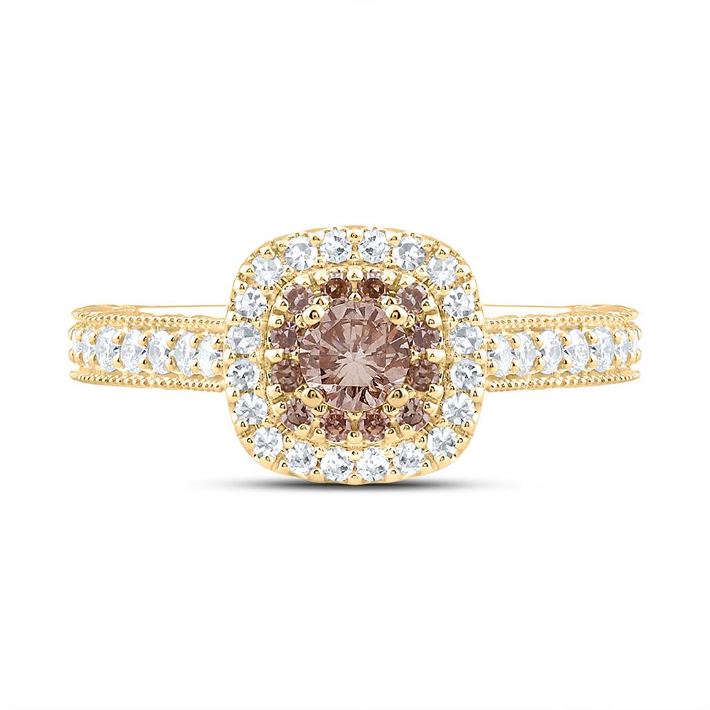 10K Yellow Gold 7/8 Cttw Natural Diamond Nk 1/4 Cttw Center Roundd Brown Fashion Ombre Diamond Cushion Double Halo Bridal Ring