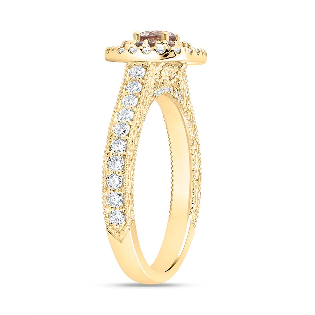 10K Yellow Gold 7/8 Cttw Natural Diamond Nk 1/4 Cttw Center Roundd Brown Fashion Ombre Diamond Cushion Double Halo Bridal Ring