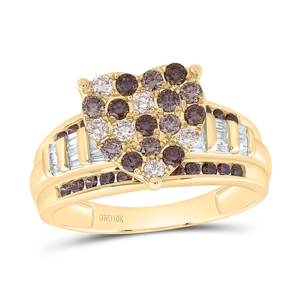 10K Yellow Gold 1 Cttw Natural Diamond Fashion Cognac Ombre Diamond Heart Ring