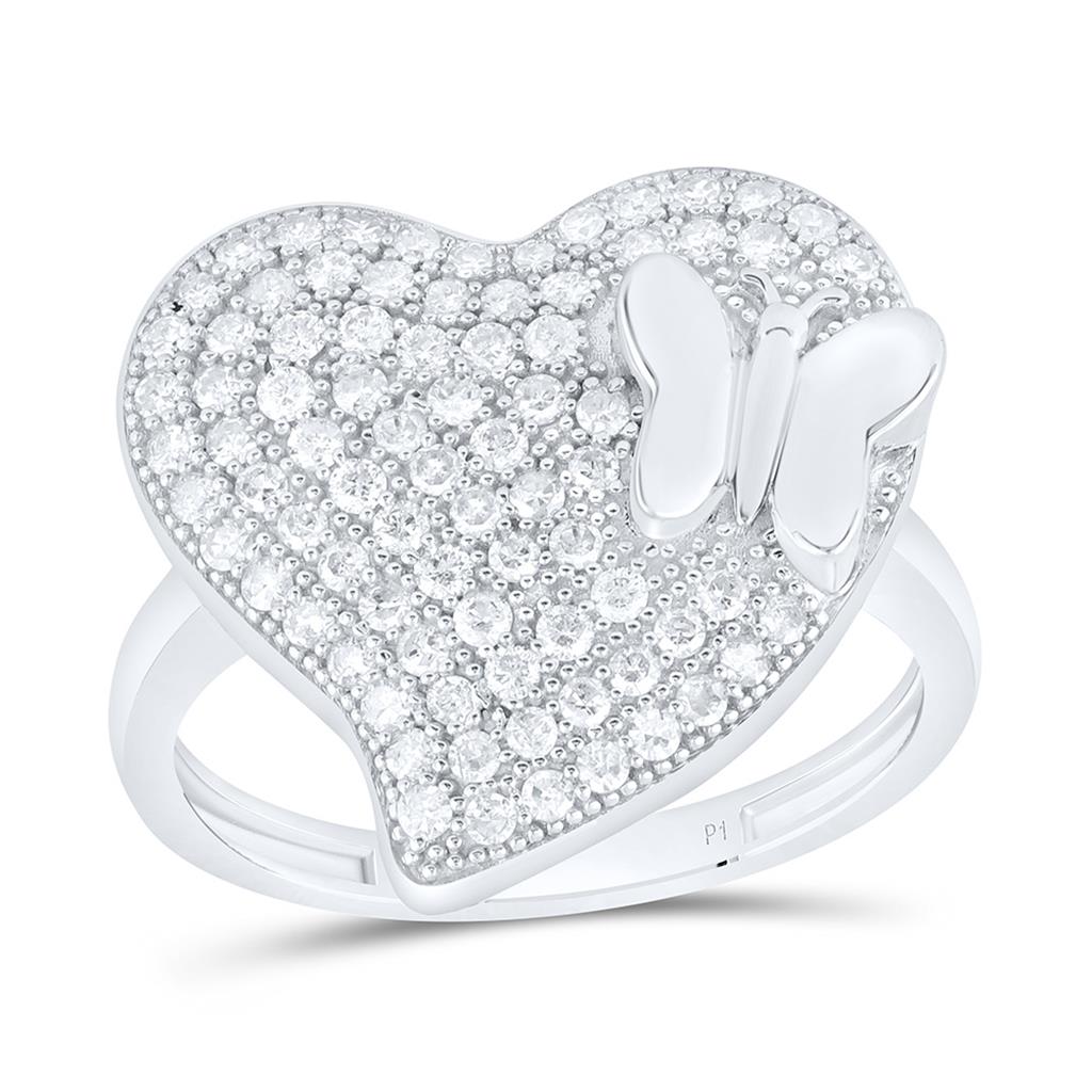 Sterling Silver 5/8 Cttw Natural Diamond Gift Butterfly Heart Ring