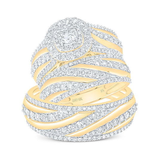 10K Yellow Gold 2 1/5 Cttw Natural Diamond 1/4 Cttw Center Round Fashion Cushion Trio Set