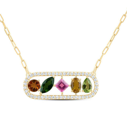 14K Yellow Gold 1/2 Cttw Natural Diamond Ana M 2 Cttw Natural Gem Multi Color Tourmaline Necklace (18 Inch)