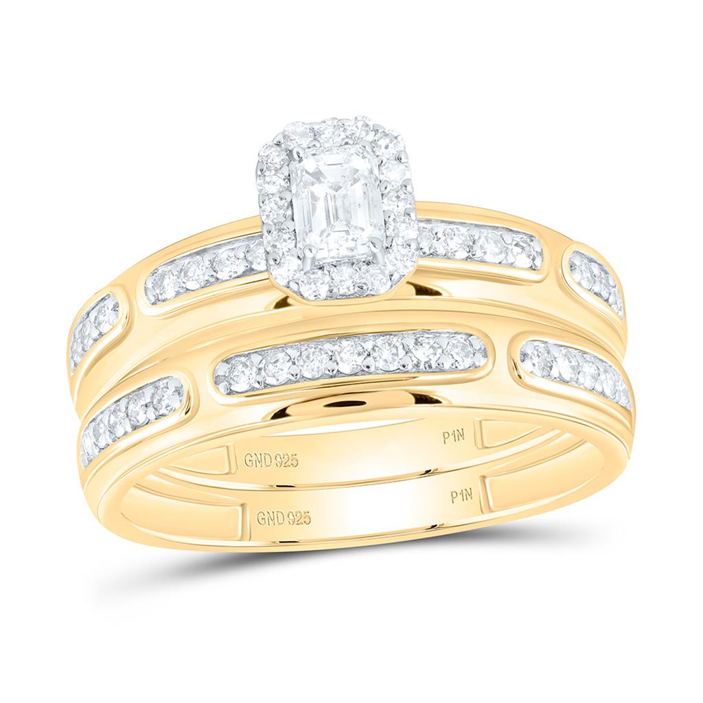 Sterling Silver Yellow Tone 3/4 Cttw Natural Diamond 1/4 Cttw Gift Center Emerald Trio Set