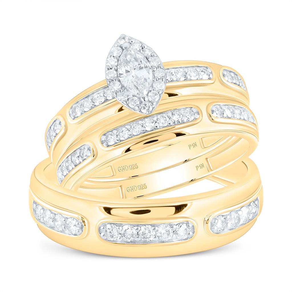Sterling Silver Yellow Tone 3/4 Cttw Natural Diamond 1/4 Cttw Gift Center Marquise Trio Set