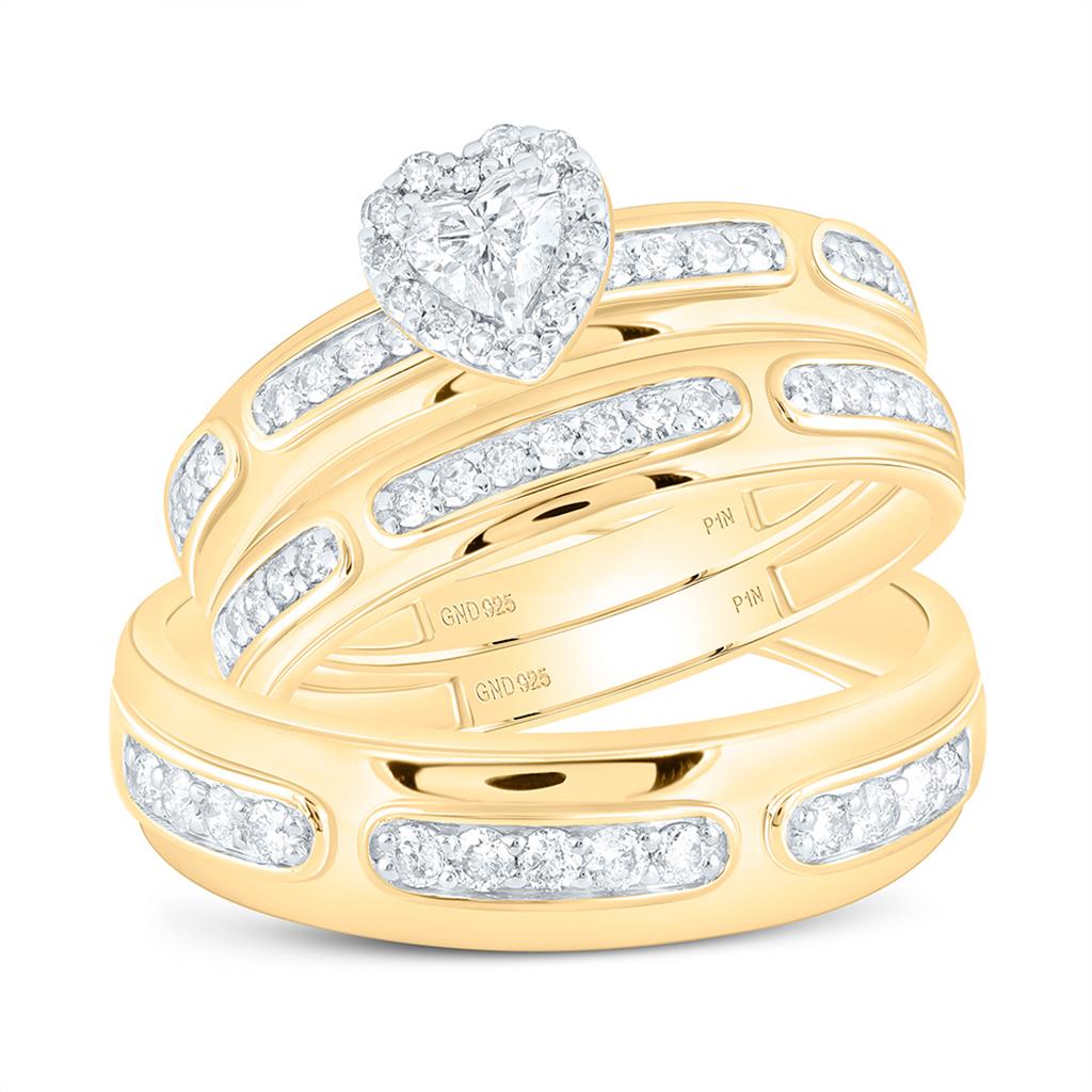 Sterling Silver Yellow Tone 3/4 Cttw Natural Diamond 1/5 Cttw Gift Center Heart Trio Set