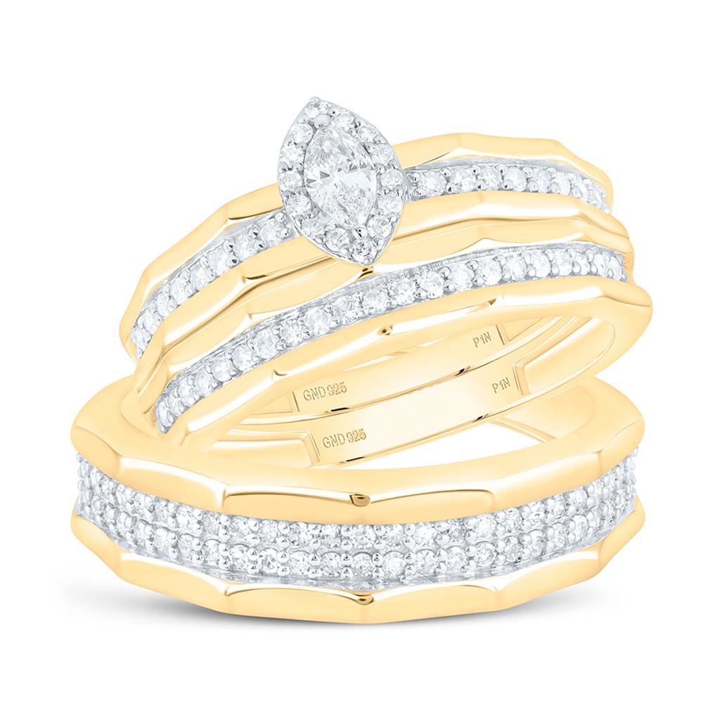 Sterling Silver Yellow Tone 3/4 Cttw Natural Diamond 1/5 Cttw Gift Center Marquise Trio Set