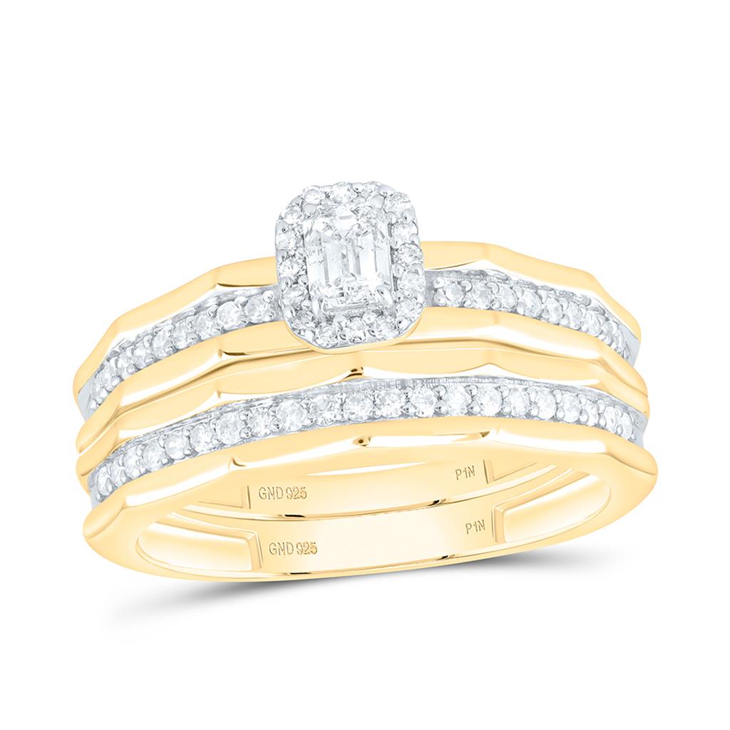 Sterling Silver Yellow Tone 3/4 Cttw Natural Diamond 1/4 Cttw Gift Center Emerald Trio Set