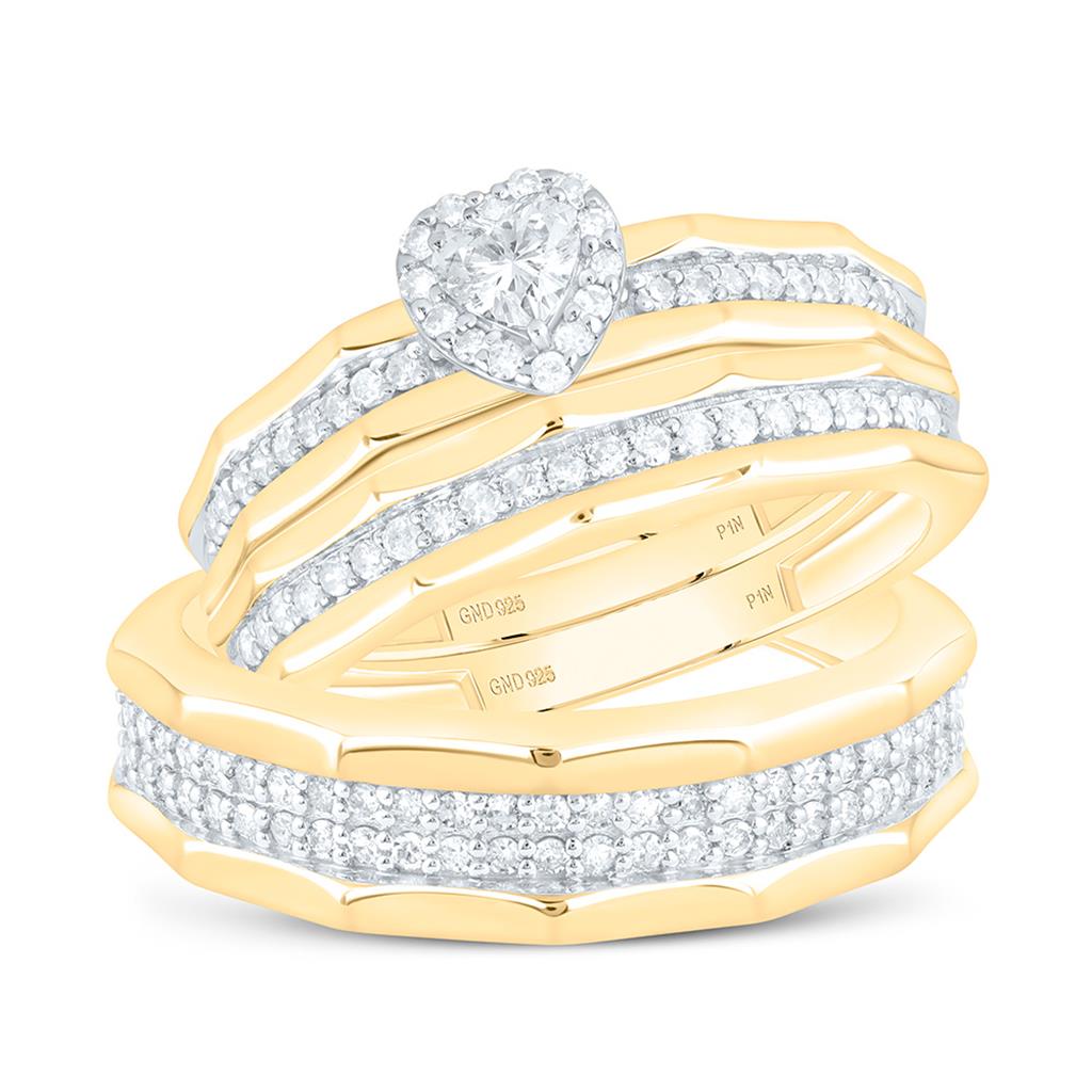 Sterling Silver Yellow Tone 3/4 Cttw Natural Diamond 1/5 Cttw Gift Center Heart Trio Set