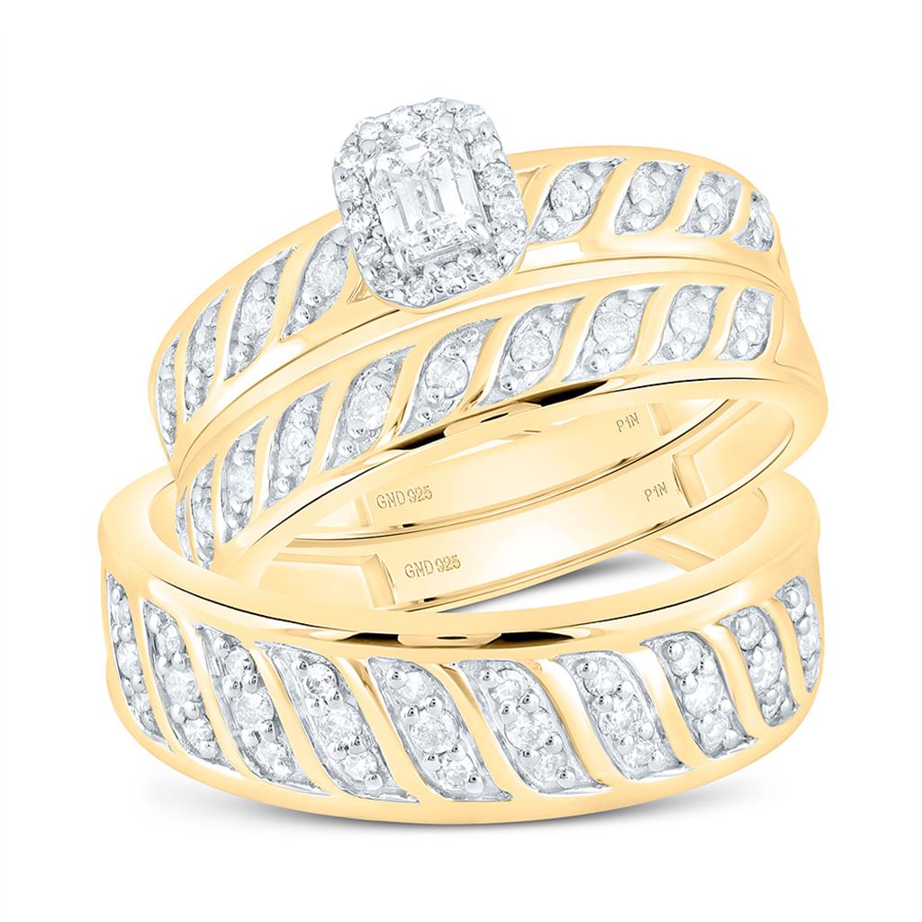 Sterling Silver Yellow Tone 3/4 Cttw Natural Diamond 1/4 Cttw Gift Center Emerald Trio Set