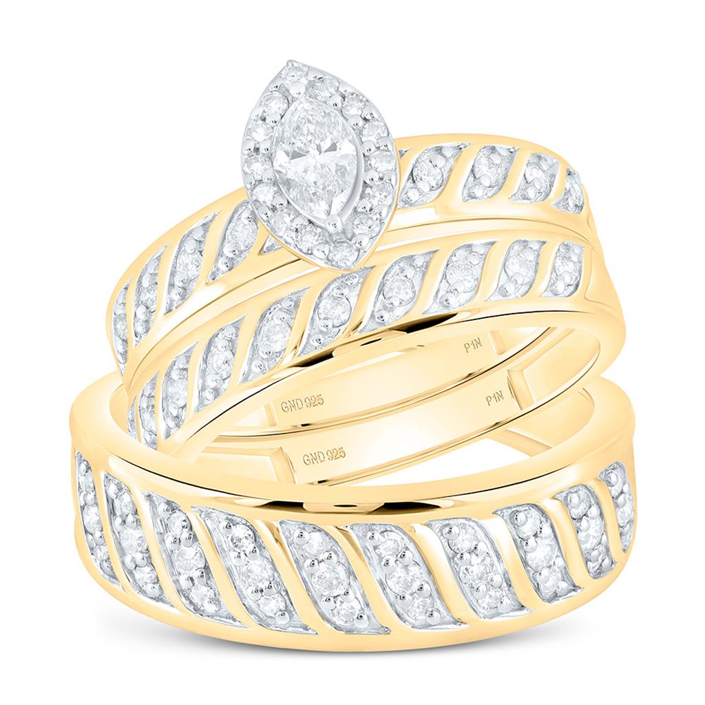 Sterling Silver Yellow Tone 3/4 Cttw Natural Diamond 1/5 Cttw Gift Center Marquise Trio Set