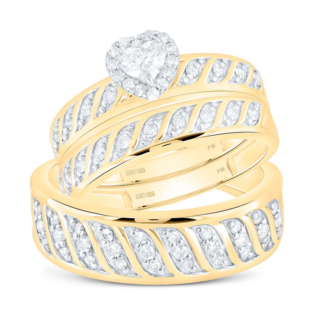 Sterling Silver Yellow Tone 3/4 Cttw Natural Diamond 1/5 Cttw Gift Center Heart Trio Set