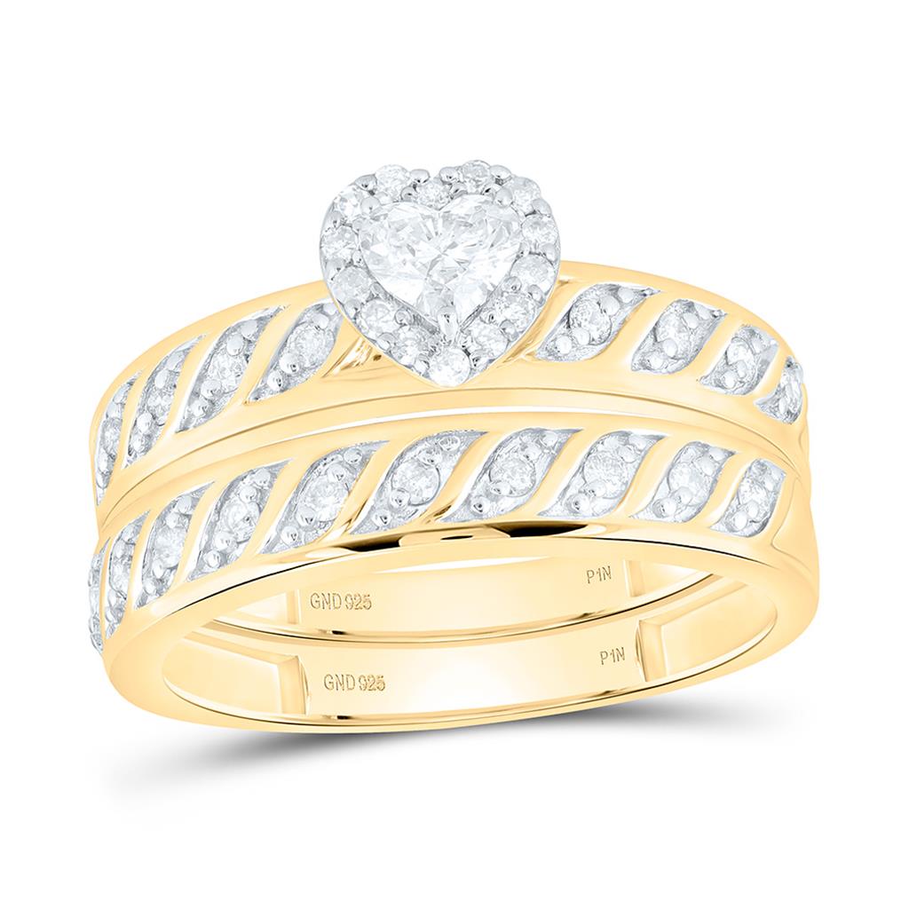 Sterling Silver Yellow Tone 3/4 Cttw Natural Diamond 1/5 Cttw Gift Center Heart Trio Set