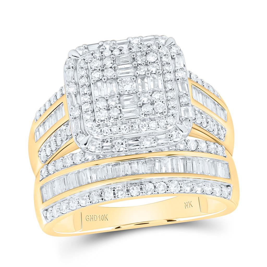10K Yellow Gold 1 Cttw Natural Diamond Fashion Cushion Double Halo Bridal Set