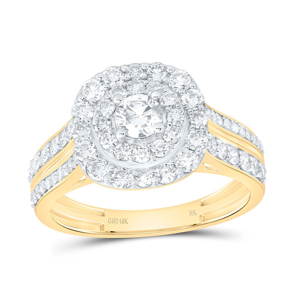 10K Yellow Gold 1 Cttw Natural Diamond  1/4 Cttw Center Round Cushion Double Halo Engagement Ring