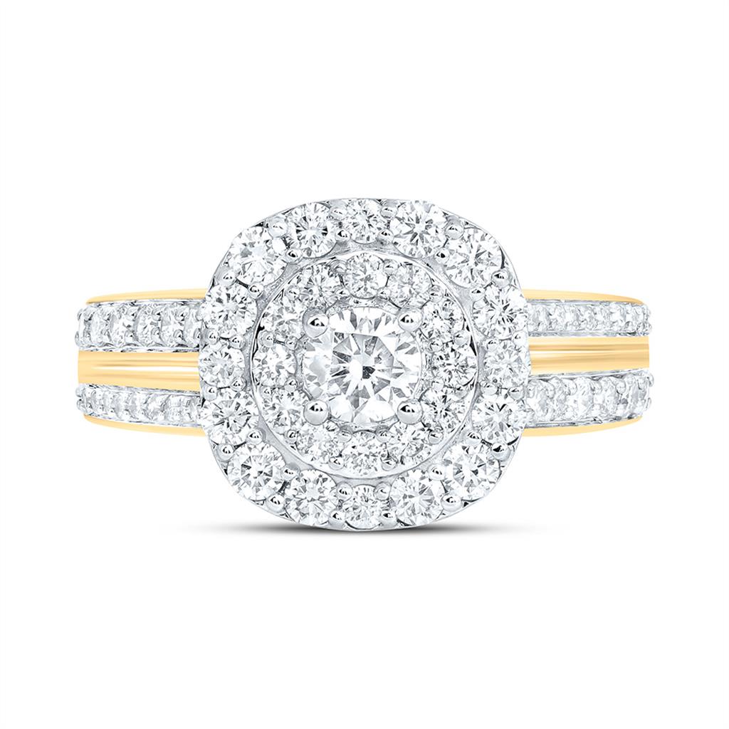 10K Yellow Gold 1 Cttw Natural Diamond  1/4 Cttw Center Round Cushion Double Halo Engagement Ring