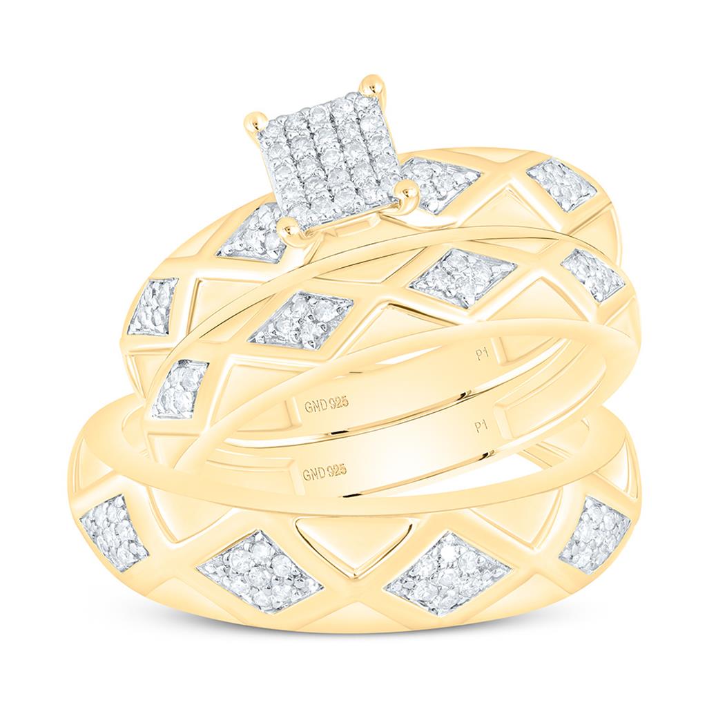 Sterling Silver Yellow Tone 1/3 Cttw Natural Diamond Gift Square Trio Set