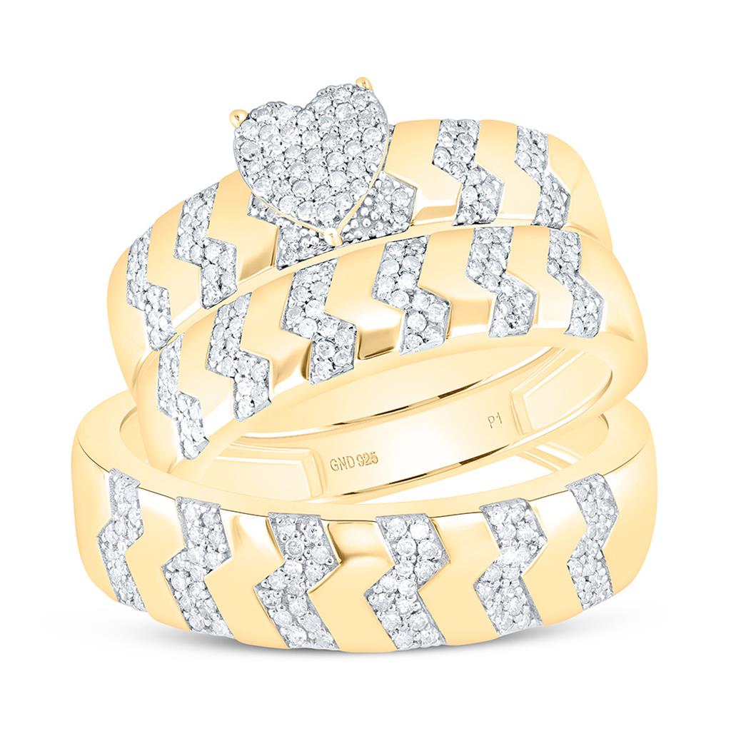 Sterling Silver Yellow Tone 1/2 Cttw Natural Diamond Gift Heart Trio Set
