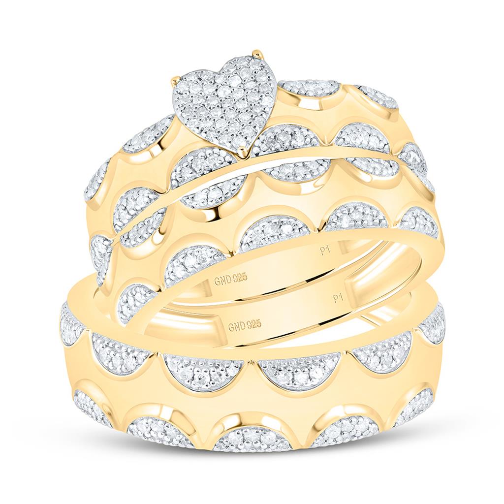 Sterling Silver Yellow Tone 1/2 Cttw Natural Diamond Gift Heart Bridal Trio Set