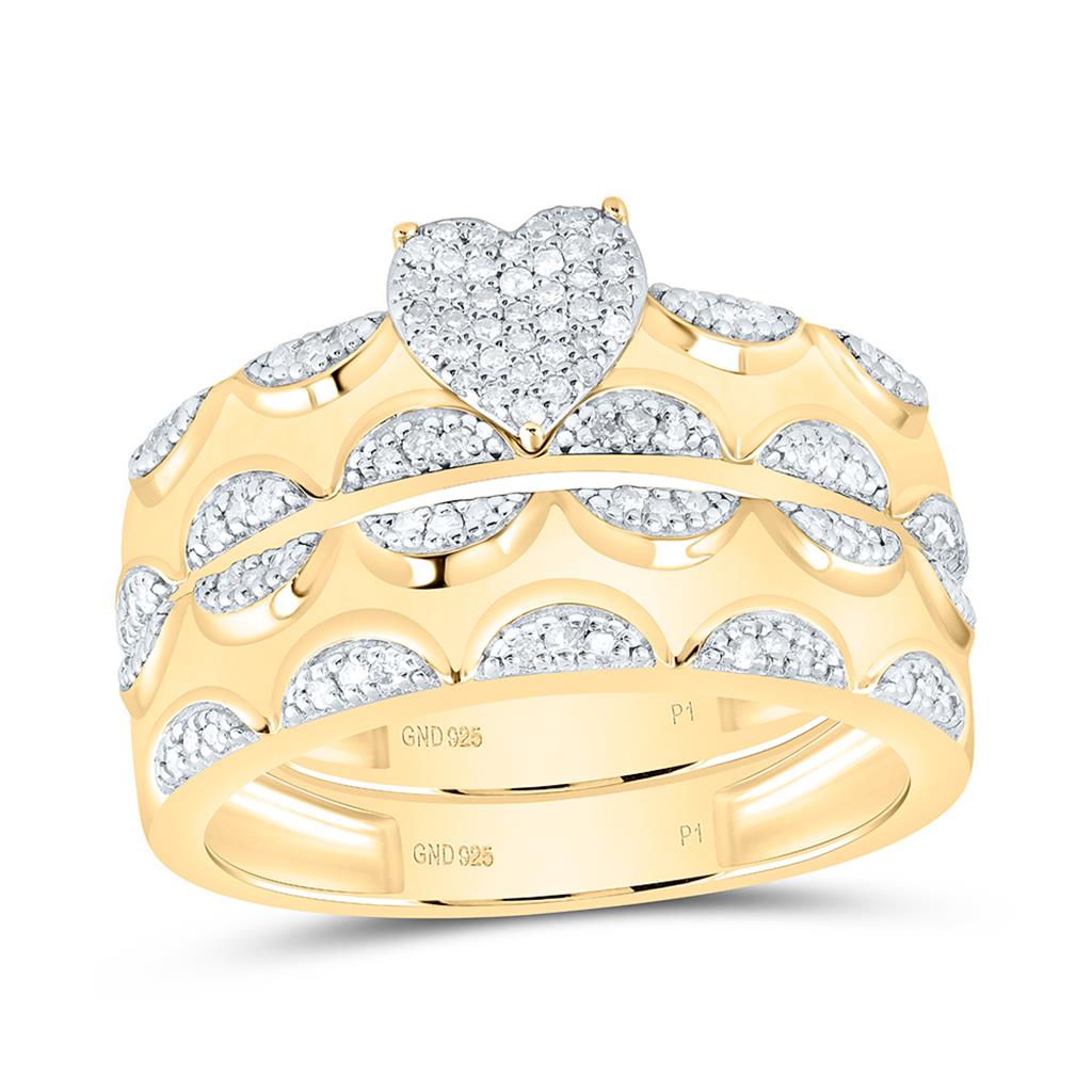 Sterling Silver Yellow Tone 1/2 Cttw Natural Diamond Gift Heart Bridal Trio Set