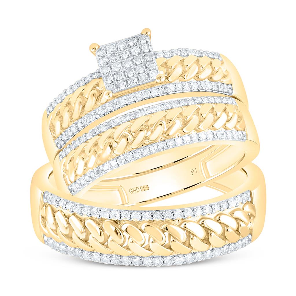 Sterling Silver Yellow Tone 1/2 Cttw Natural Diamond Gift Cuban Square Trio Set
