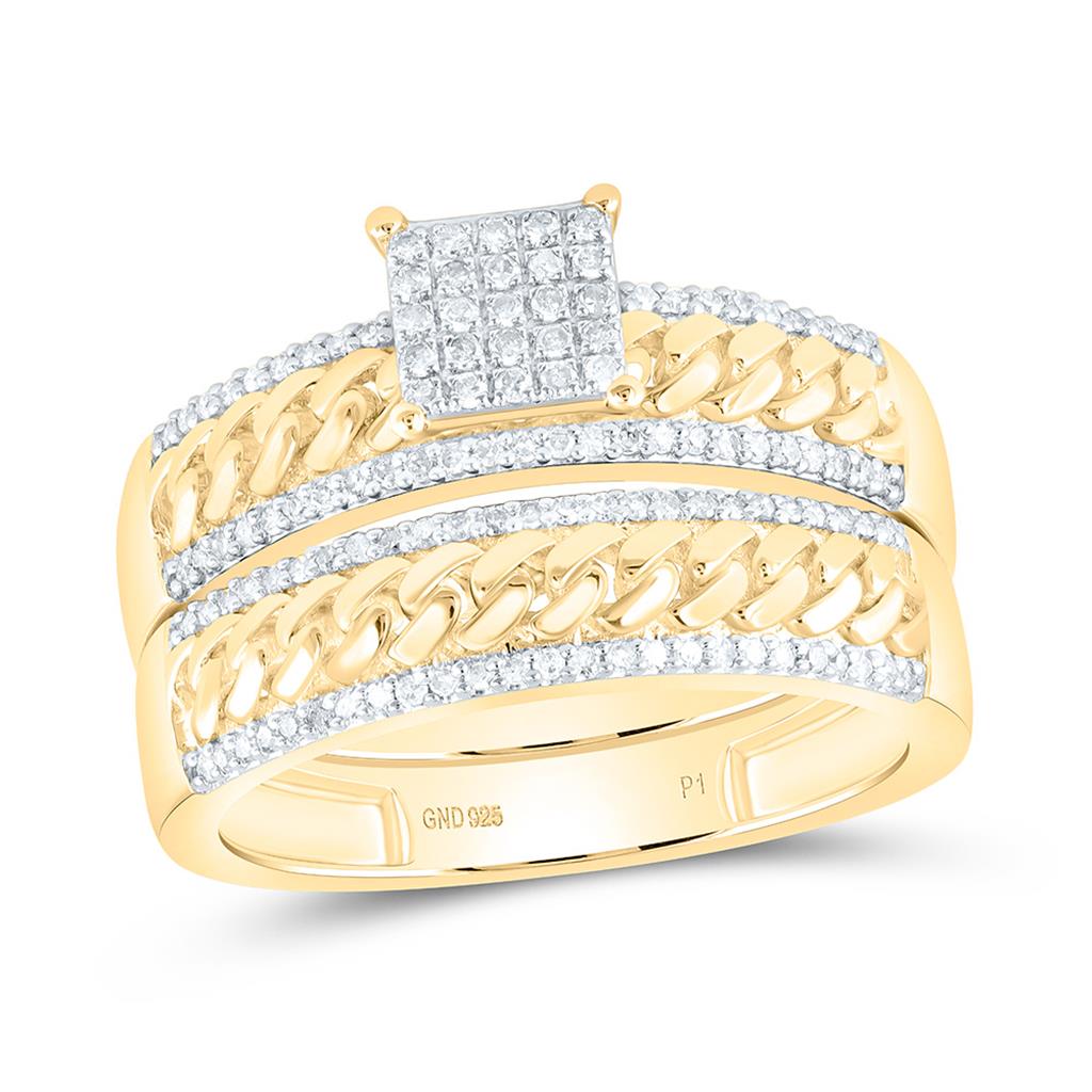 Sterling Silver Yellow Tone 1/2 Cttw Natural Diamond Gift Cuban Square Trio Set