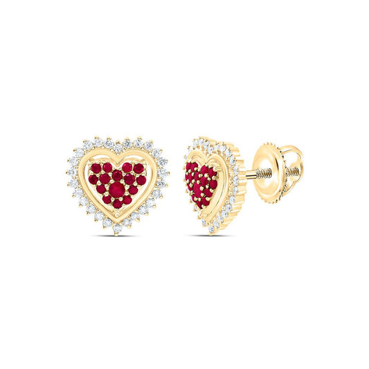 14K Yellow Gold 1/4 Cttw Natural Diamond Ana M 1/3 Cttw Round Ruby Natural Gem Heart Earring