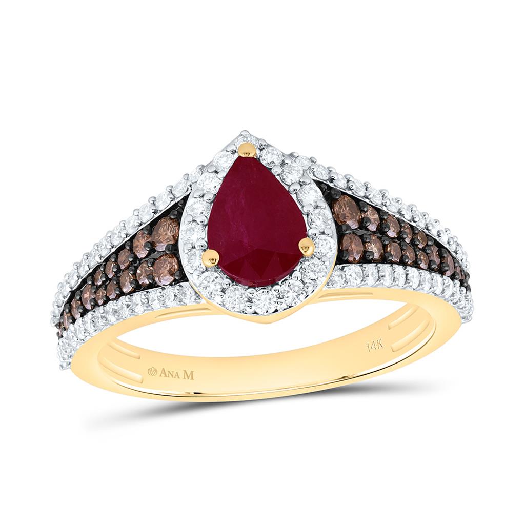 14K Yellow Gold 3/4 Cttw Natural Diamond Ana M Cognac Natural, 7 x 5 Mm Natural Gem Pear Ring