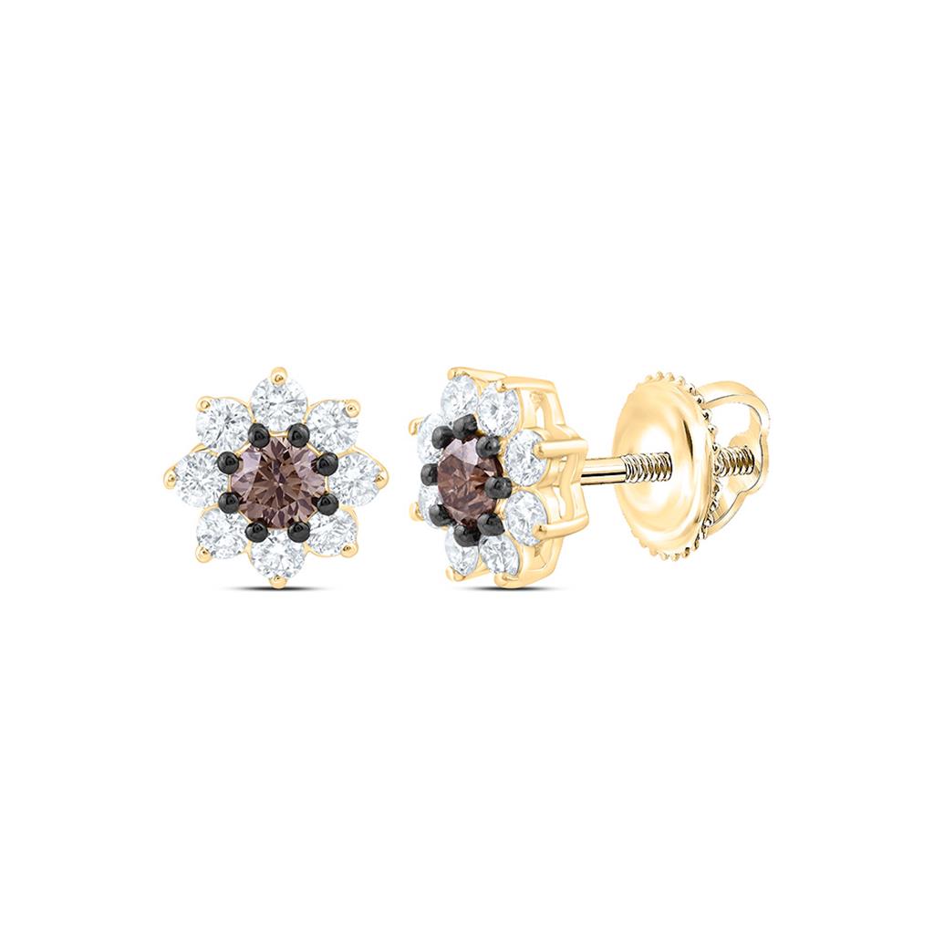 10K Yellow Gold 1 1/5 Cttw Natural Diamond 1/4 Cttw Round Brown Fashion Cognac Natural Flower Earring