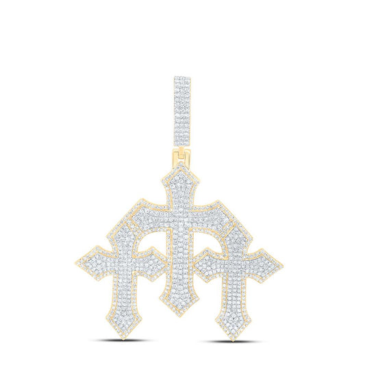10K Yellow Gold 1 7/8 Cttw Natural Diamond Three Cross Mens Charm