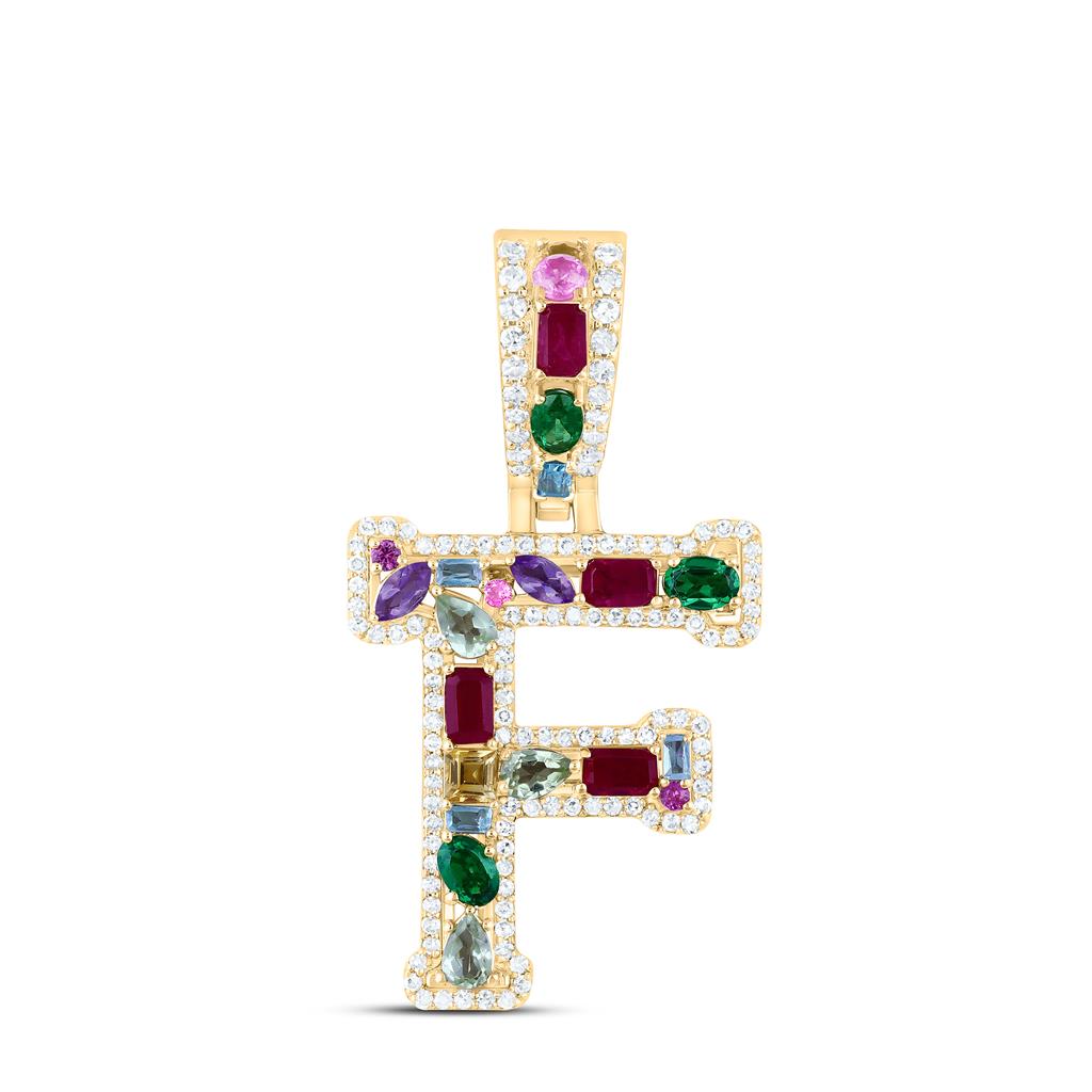 10K Yellow Gold Natural Diamond Natural Gem Multi Color Sapphire Initial Pendant