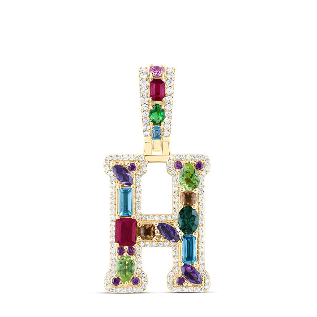 10K Yellow Gold Natural Diamond Natural Gem Multi Color Sapphire Initial Pendant