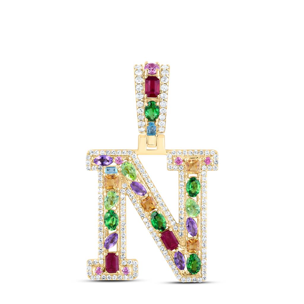 10K Yellow Gold Natural Diamond Natural Gem Multi Color Sapphire Initial Pendant