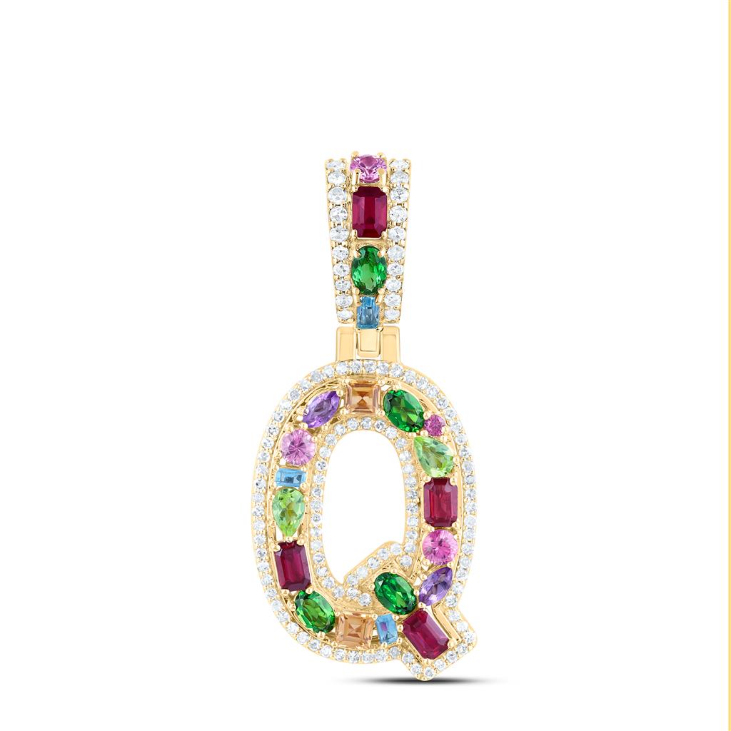 10K Yellow Gold Natural Diamond Natural Gem Multi Color Sapphire Initial Pendant