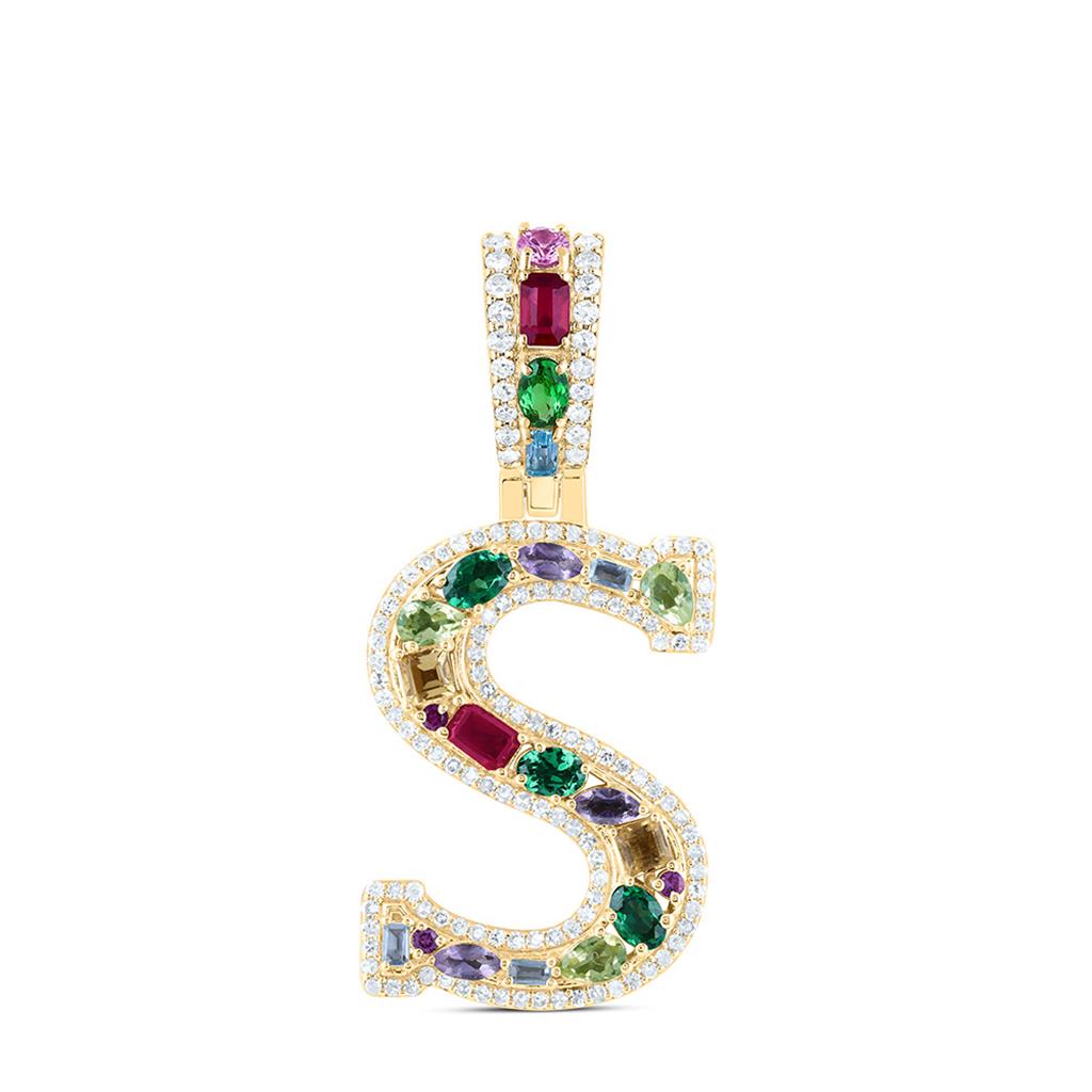 10K Yellow Gold Natural Diamond Natural Gem Multi Color Sapphire Initial Pendant