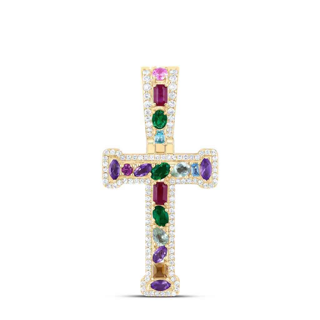 10K Yellow Gold Natural Diamond Natural Gem Multi Color Sapphire Initial Pendant