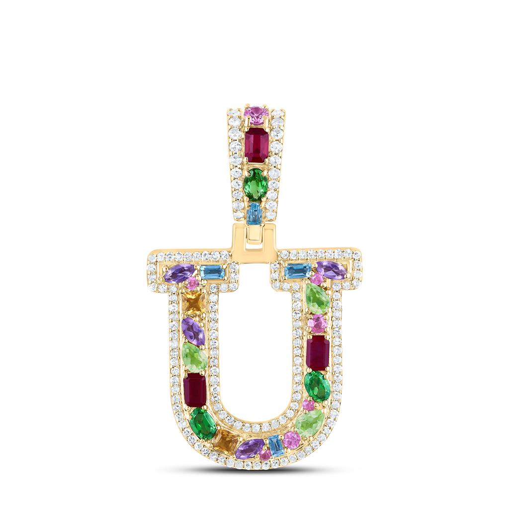 10K Yellow Gold Natural Diamond Natural Gem Multi Color Sapphire Initial Pendant