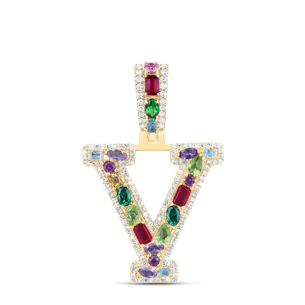 10K Yellow Gold Natural Diamond Natural Gem Multi Color Sapphire Initial Pendant