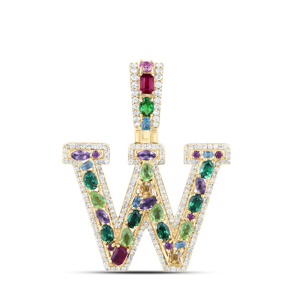 10K Yellow Gold Natural Diamond Natural Gem Multi Color Sapphire Initial Pendant