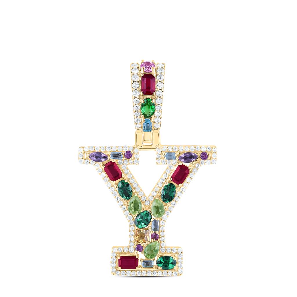 10K Yellow Gold Natural Diamond Natural Gem Multi Color Sapphire Initial Pendant
